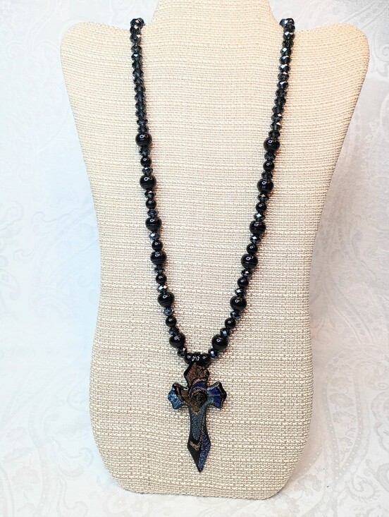 Jewelry - Black AB Glass Beaded Necklace  With Lampwork Glass Cross Pendant